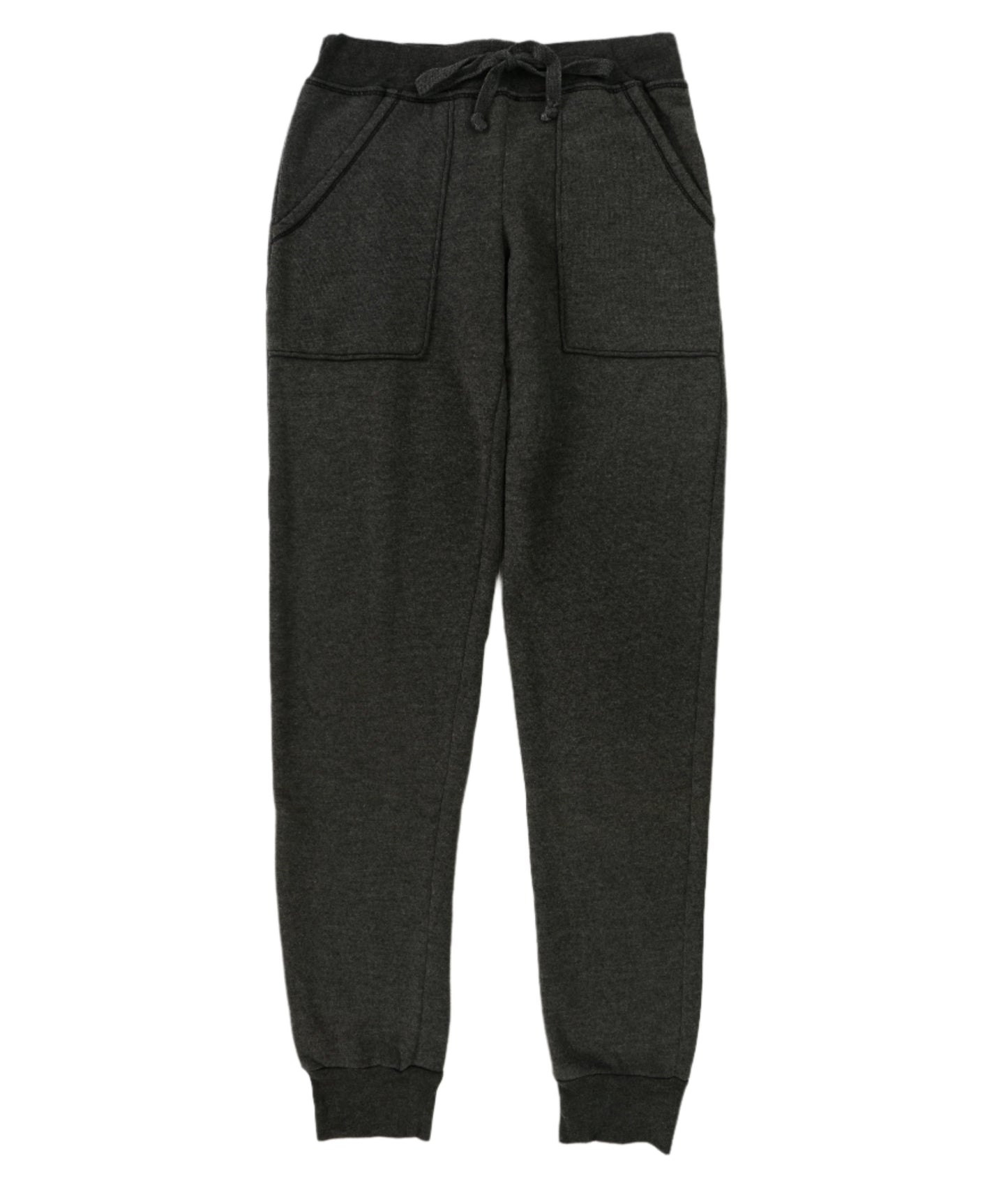 women's black sweatpants with elasticized cuffs and waistband with drawstring tied in a bow and two front pockets sewn on front