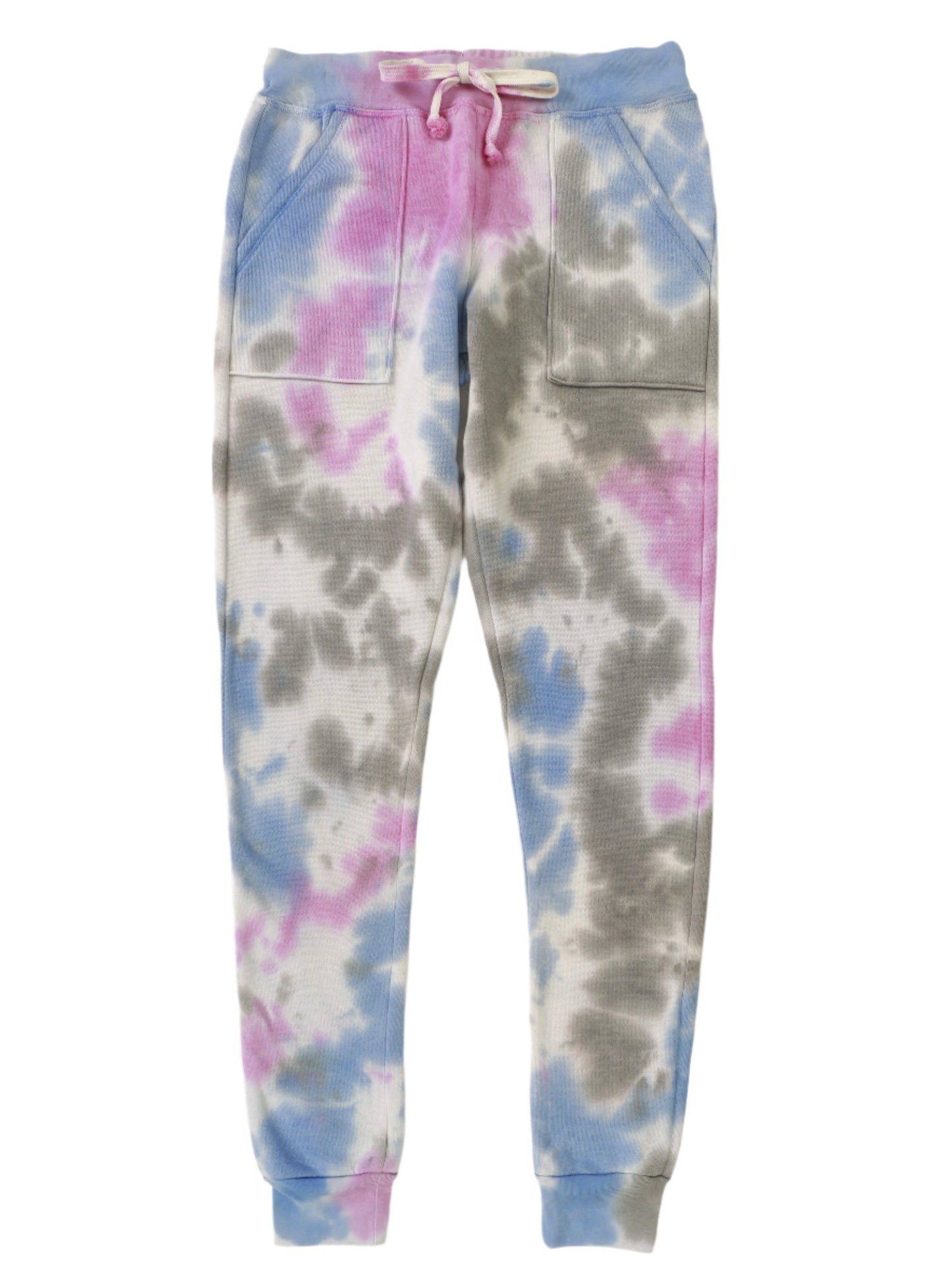 women's blue, pink, and gray tie-dye splotches on white fabric sweatpants with elasticized cuffs and waistband with drawstring tied in a bow and two front pockets sewn on front