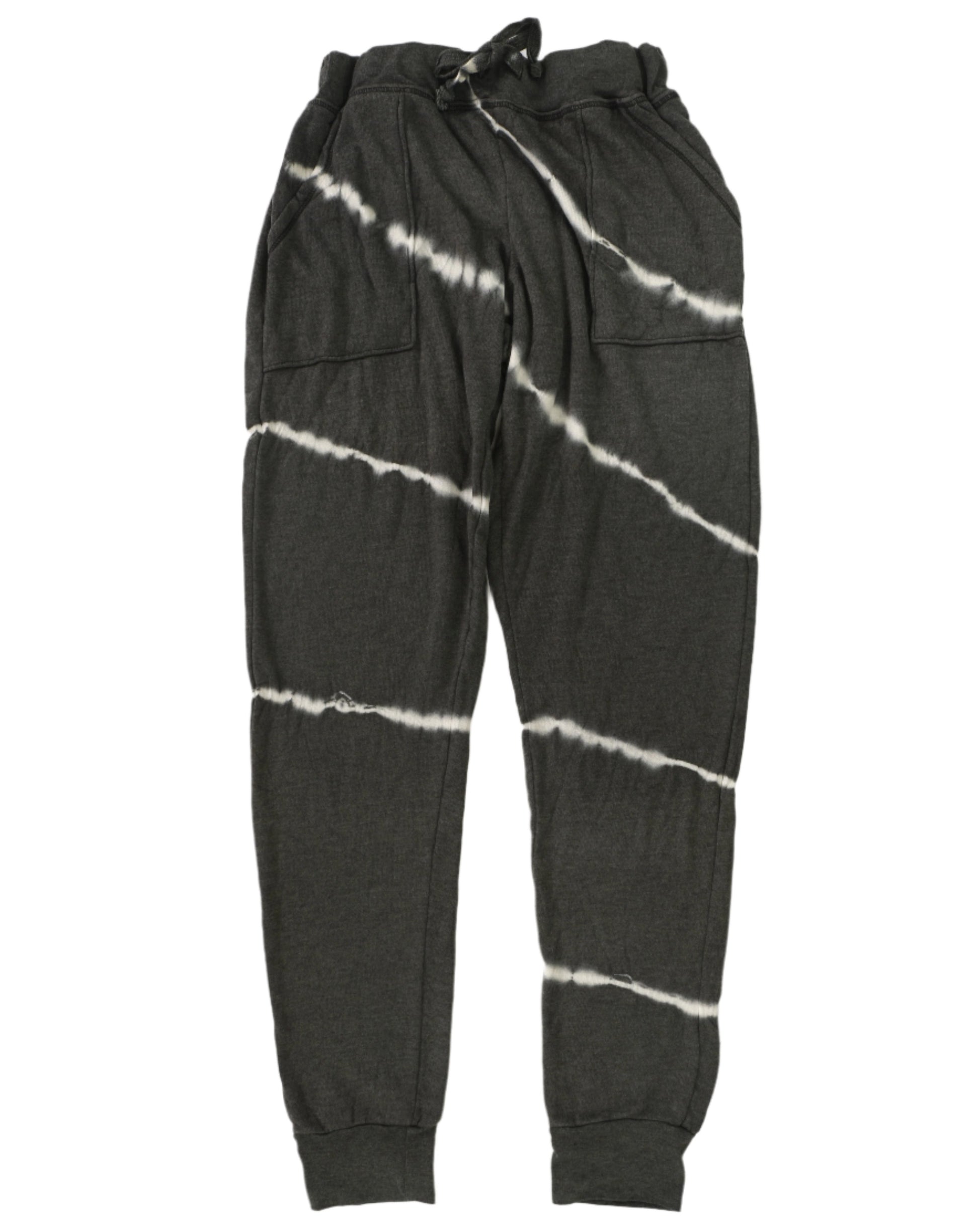 women's white diagonal stripes on black sweatpants with elasticized cuffs and waistband with drawstring tied in a bow and two front pockets sewn on front