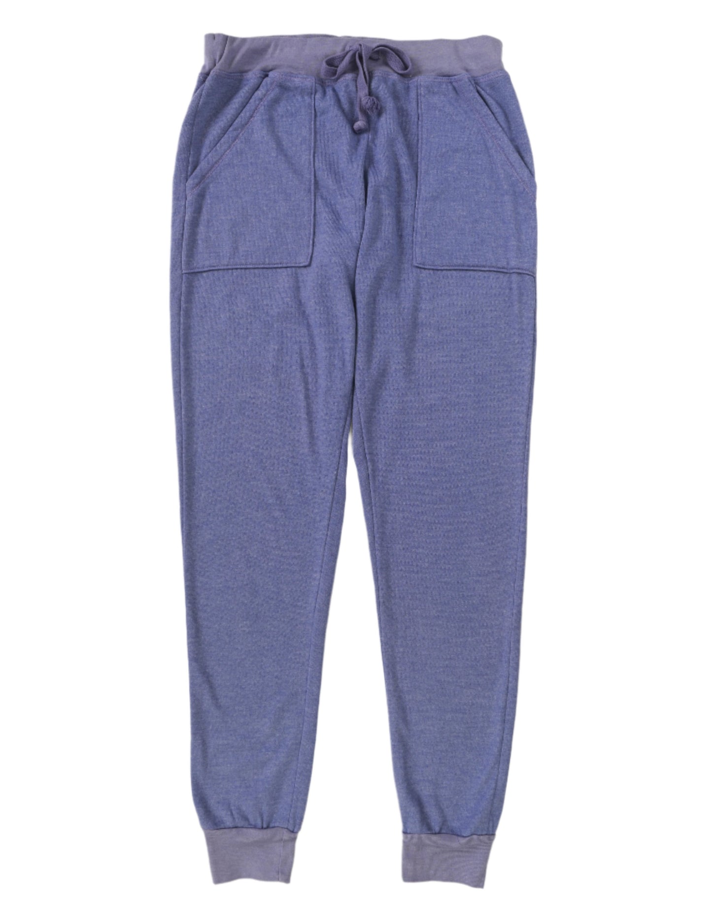 women's indigo sweatpants with elasticized cuffs and waistband with drawstring tied in a bow and two front pockets sewn on front