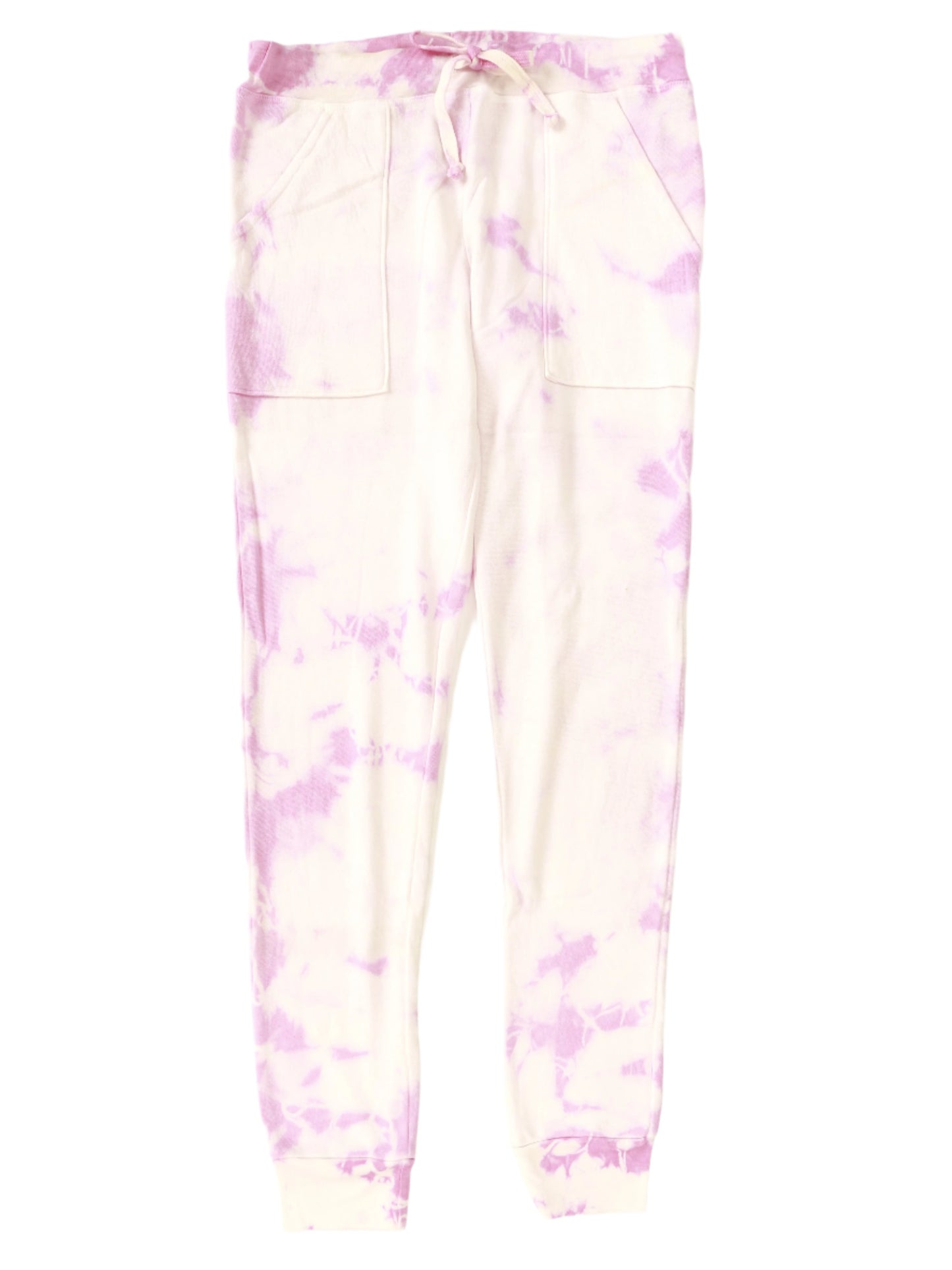 women's pink tie-dye splotches on white fabricsweatpants with elasticized cuffs and waistband with drawstring tied in a bow and two front pockets sewn on front