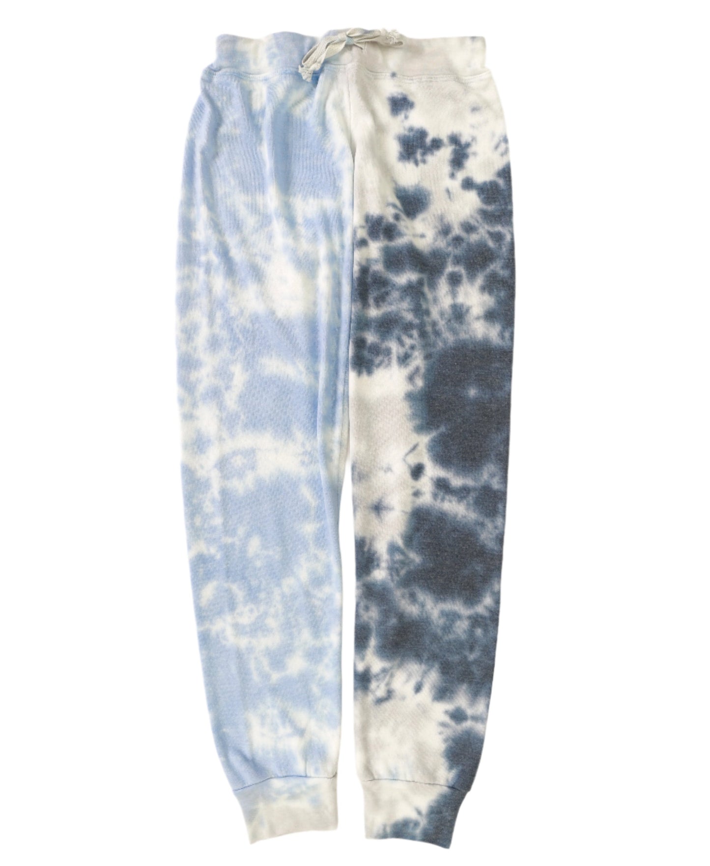 women's light blue, gray, and denim blue tie-dye splotches sweatpants with elastic cuffs at the ends of the pant legs and drawstring tied into a bow at the front of the waistband