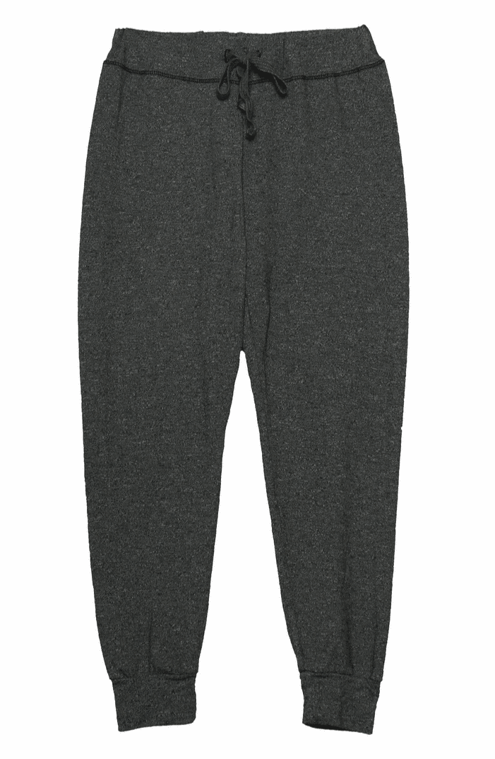 women's black sweatpants with elastic cuffs at the ends of the pant legs and drawstring tied into a bow at the front of the waistband