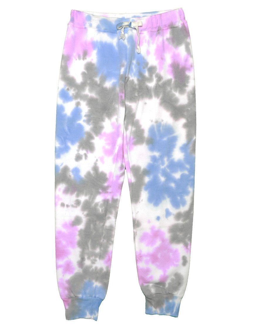 women's blue, pink, and gray tie-dye splotches on white fabric sweatpants with elastic cuffs at the ends of the pant legs and drawstring tied into a bow at the front of the waistband