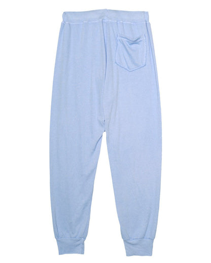 women's back side of light blue sweatpants with elastic cuffs at the ends of the pant legs and back pocket on the right 