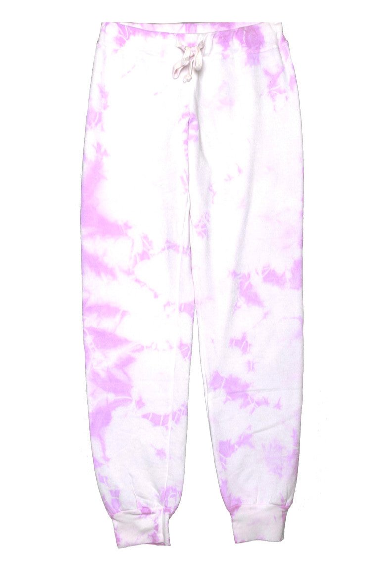 women's pink tie-dye splotches on white fabric sweatpants with elastic cuffs at the ends of the pant legs and drawstring tied into a bow at the front of the waistband