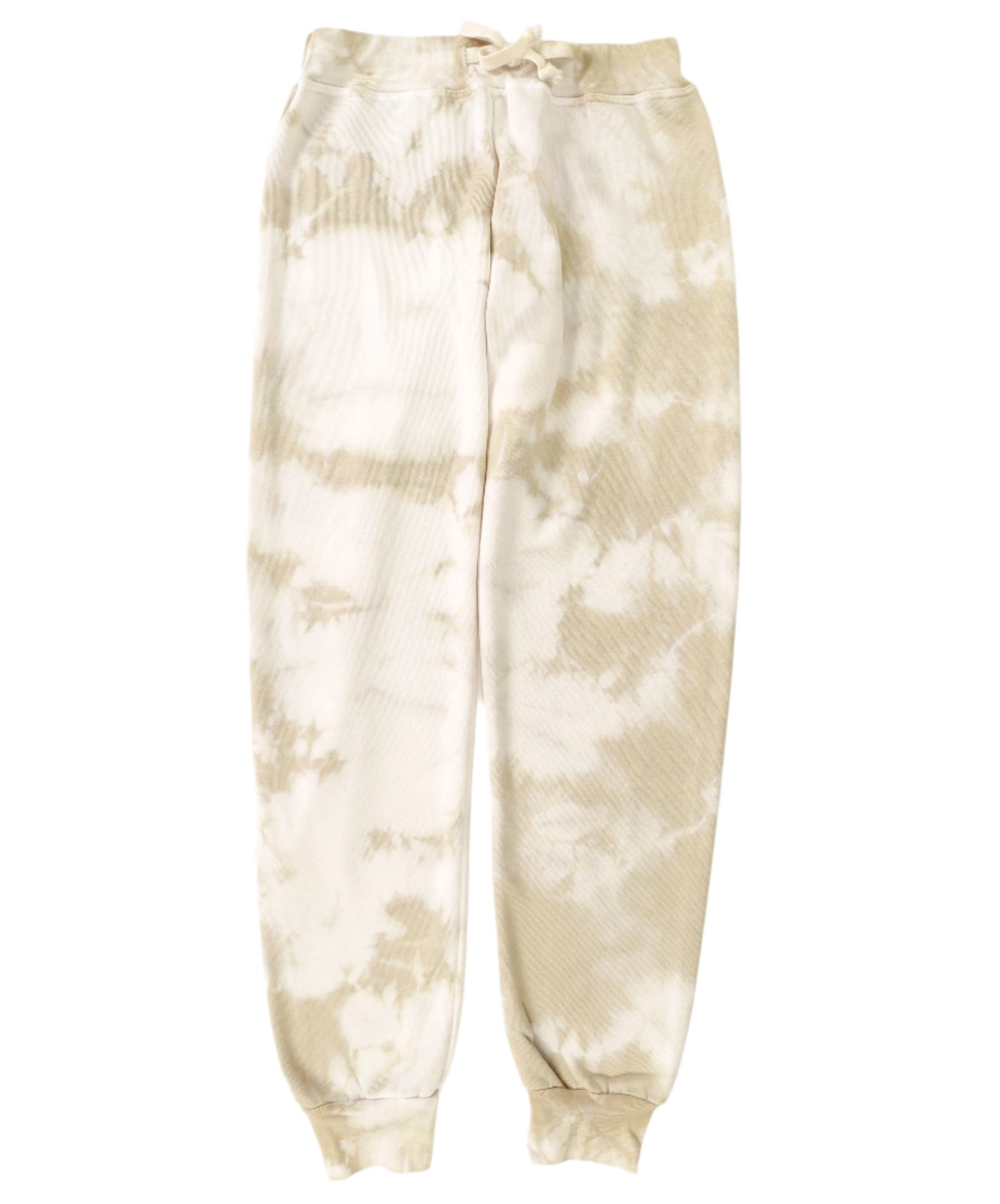 women's tan tie-dye splotches on white fabric sweatpants with elastic cuffs at the ends of the pant legs and drawstring tied into a bow at the front of the waistband