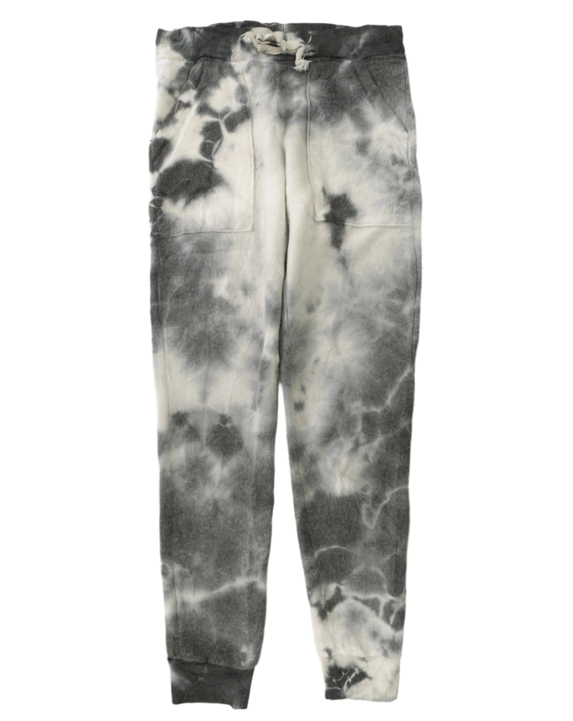 women's black tie-dye splotches on white fuzzy fabric sweatpants with elastic cuffs at the ends of the pant legs and drawstring tied into a bow at the front of the waistband