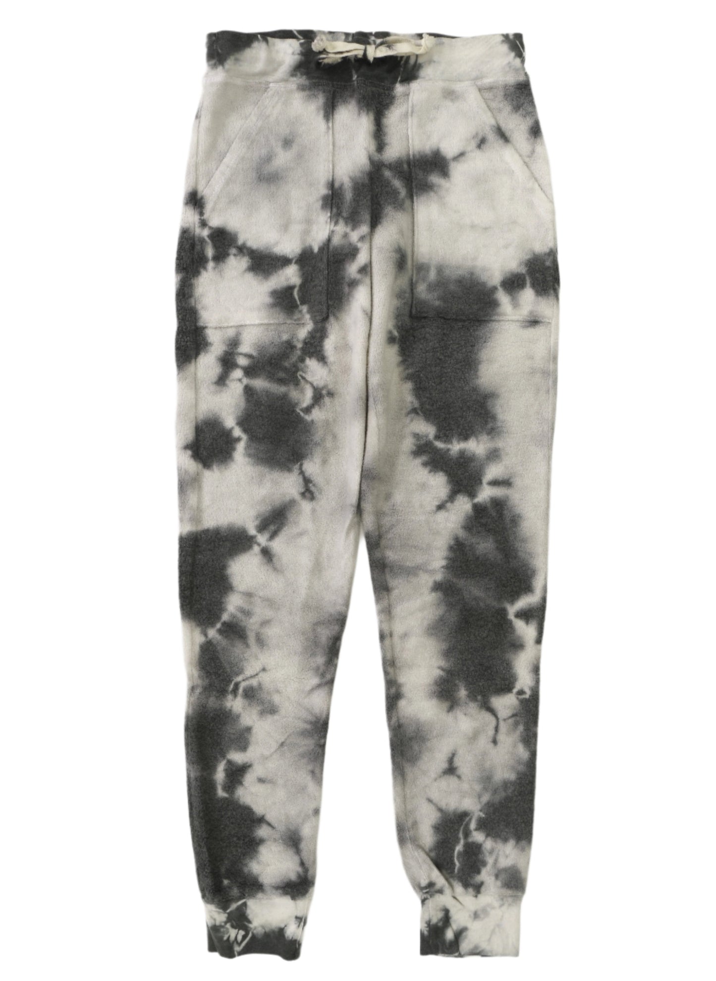 women's black tie-dye splotches on white loop terry fuzzy fabric sweatpants with elastic cuffs at the ends of the pant legs and drawstring tied into a bow at the front of the waistband