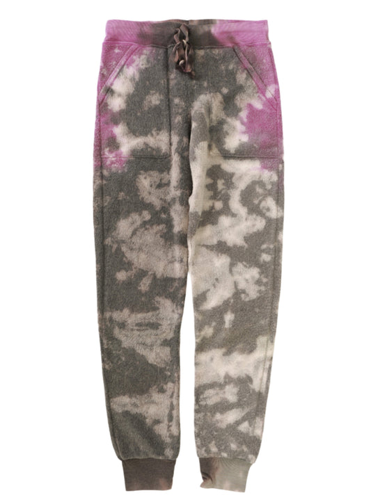 women's magenta, gray, and black tie-dye splotches fuzzy sweatpants with elastic cuffs at the ends of the pant legs and drawstring tied into a bow at the front of the waistband