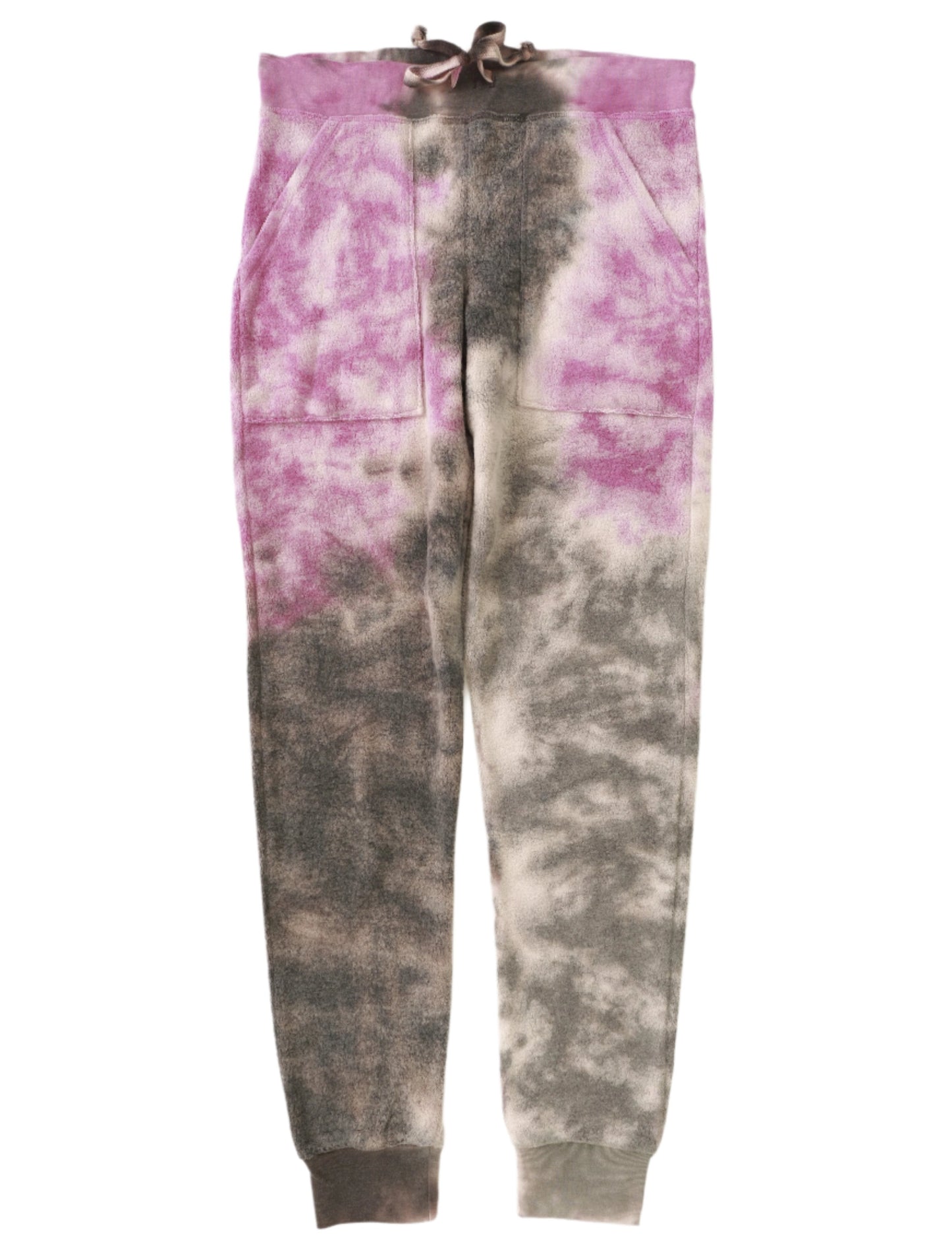 women's magenta, gray, and black tie-dye splotches loop terry fuzzy sweatpants with elastic cuffs at the ends of the pant legs and drawstring tied into a bow at the front of the waistband