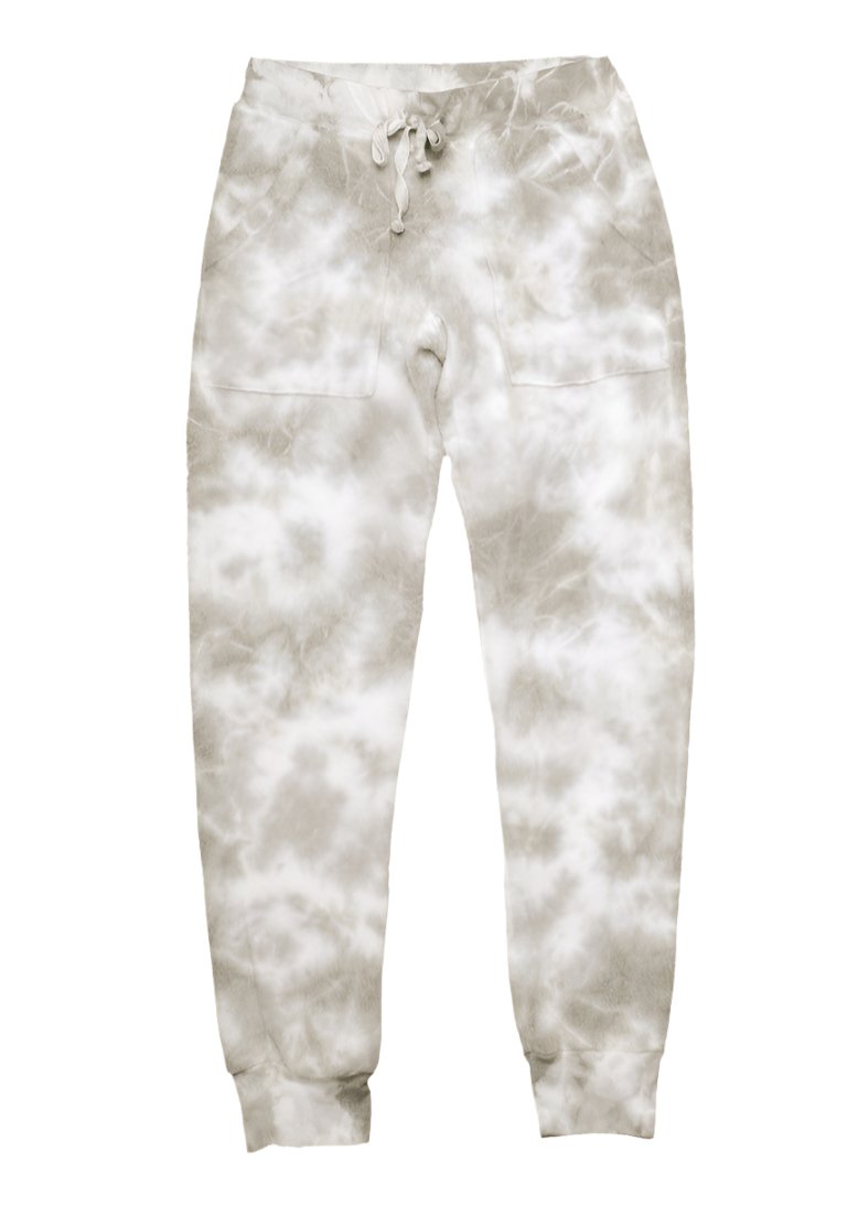 women's tan tie-dye splotches on white fuzzy fabric sweatpants with elastic cuffs at the ends of the pant legs and drawstring tied into a bow at the front of the waistband