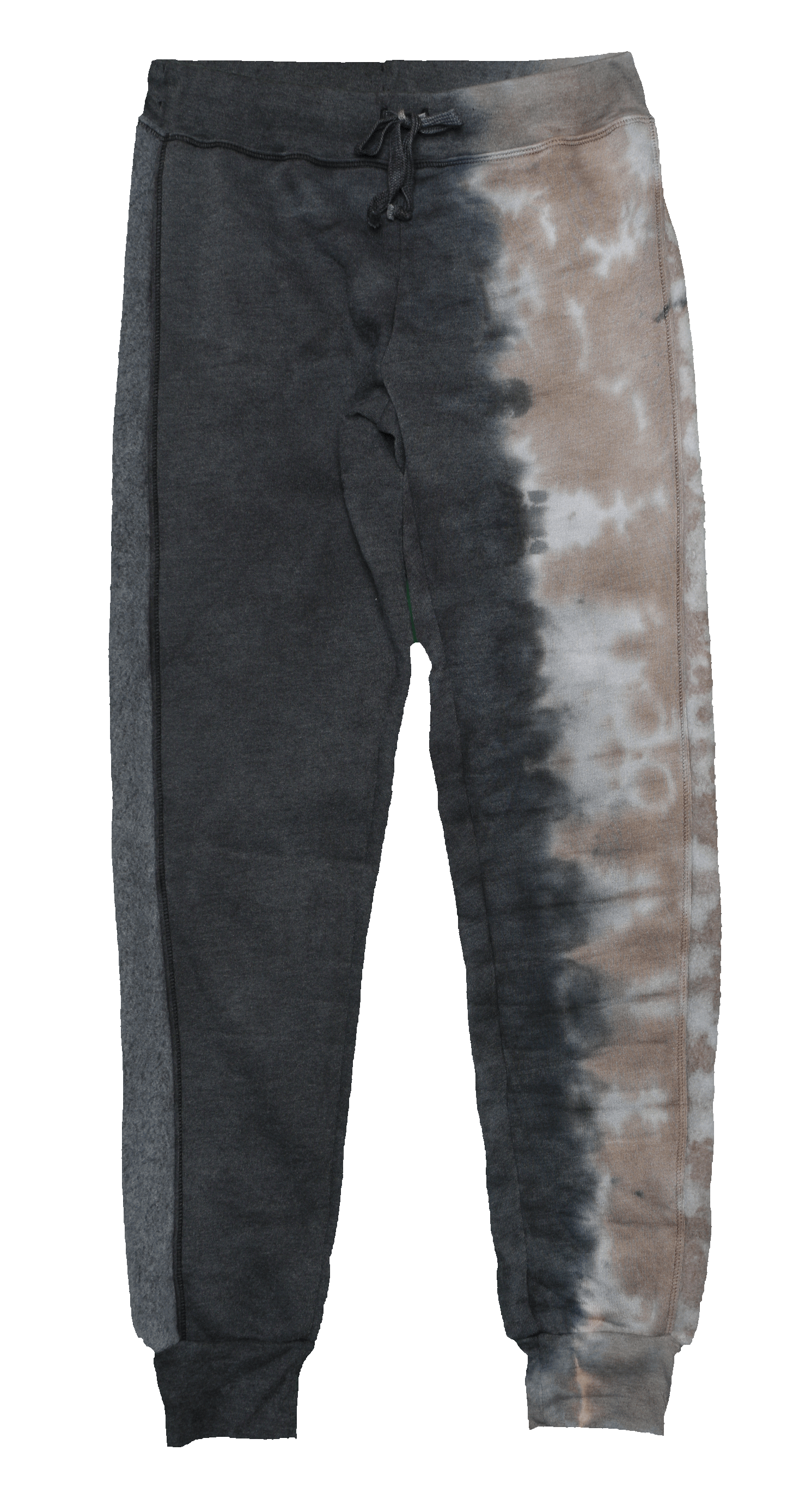 women's dark-graphite-gray on the right pant leg and right side on the left pant leg with mocha tie-dye splotches down the left pant leg sweatpants with elastic cuffs at the ends of the pant legs and drawstring tied into a bow at the front of the waistband with reversed fuzzy fabric trim down the outer-sides of the pant legs