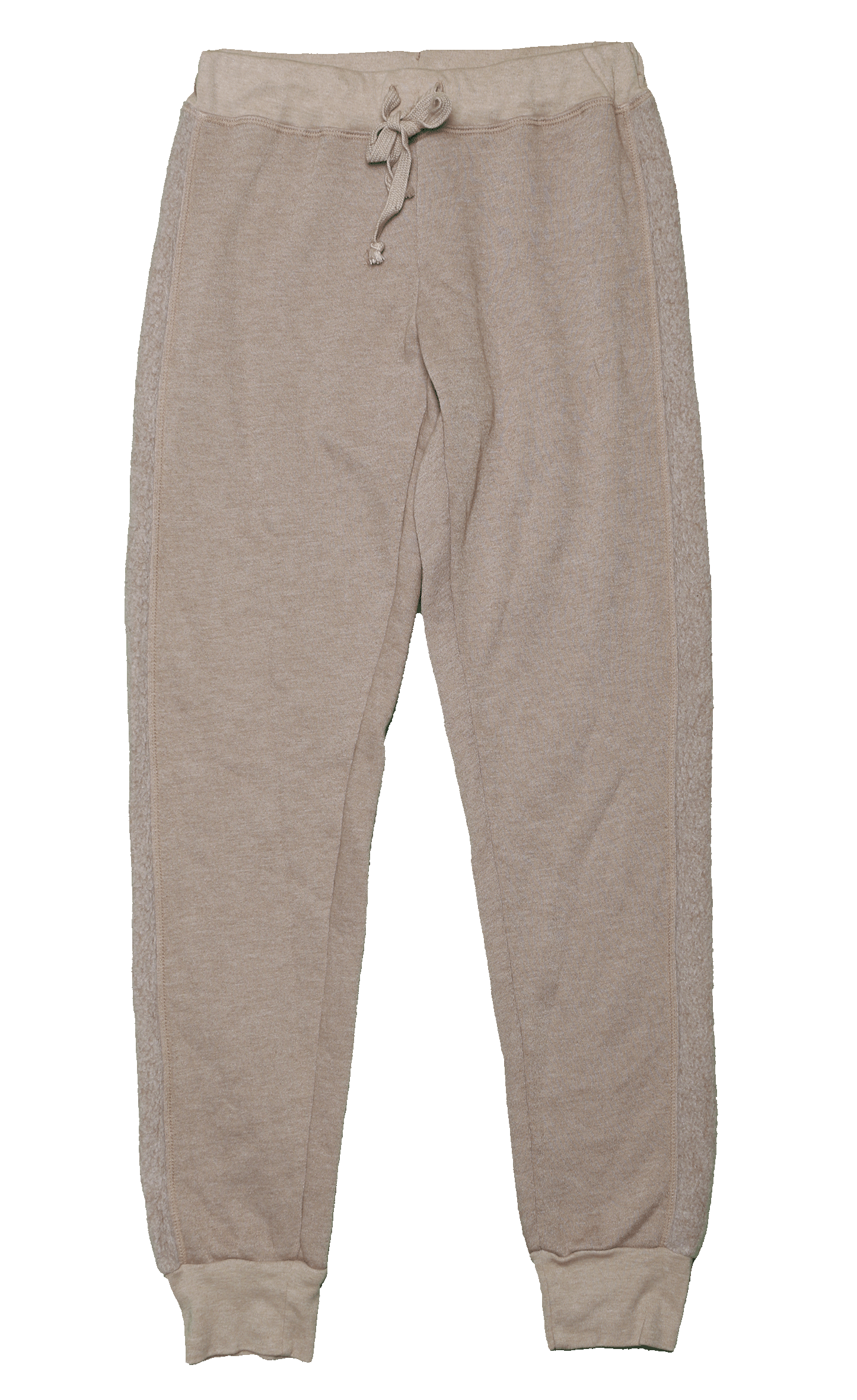 women's mocha-colored sweatpants with elastic cuffs at the ends of the pant legs and drawstring tied into a bow at the front of the waistband with reversed fuzzy fabric trim down the outer-sides of the pant legs