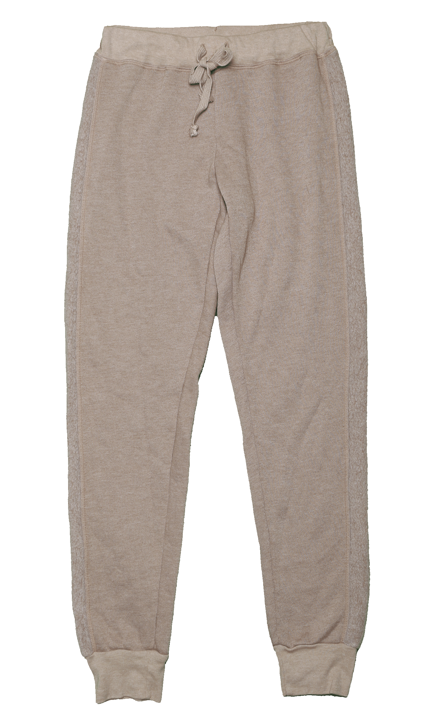 women's mocha-colored sweatpants with elastic cuffs at the ends of the pant legs and drawstring tied into a bow at the front of the waistband with reversed fuzzy fabric trim down the outer-sides of the pant legs