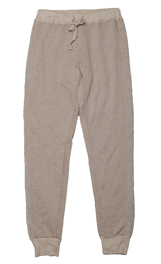 women's mocha-colored sweatpants with elastic cuffs at the ends of the pant legs and drawstring tied into a bow at the front of the waistband with reversed fuzzy fabric trim down the outer-sides of the pant legs