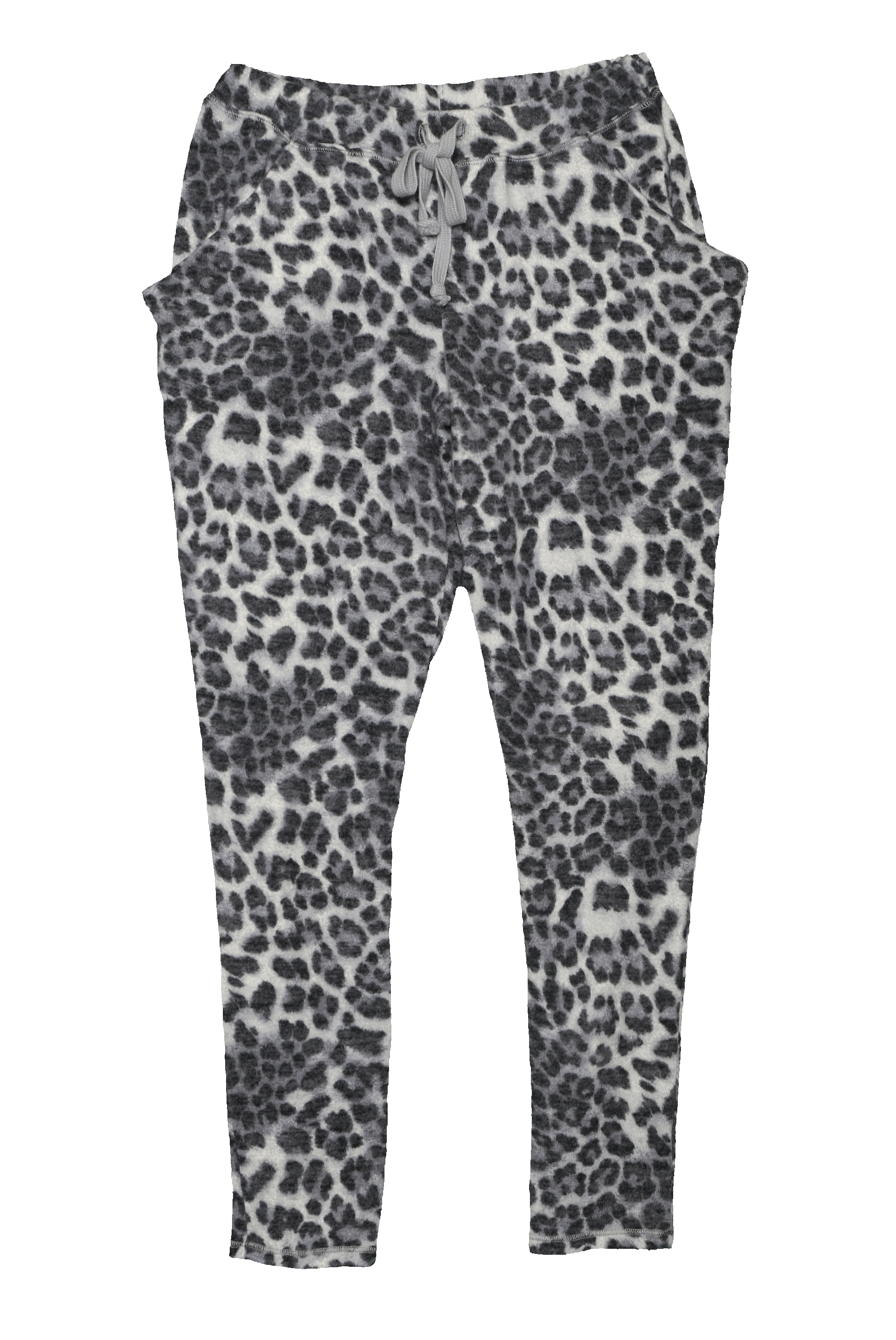 women's leopard-print slim-legged pants with front pockets and gray drawstring tied into a bow on the front of the waistband