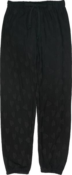 women's black with knitted hearts loose-fitting pants with elastic cuffs and waistband and drawstring tied into a bow on the front of the waistband