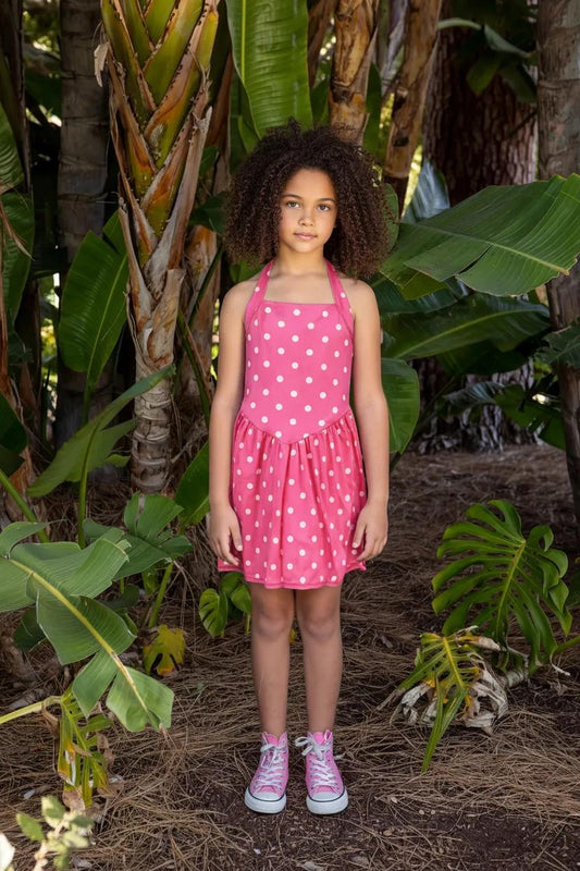 Wide-Strap Halter Dress (White Polka Dots)