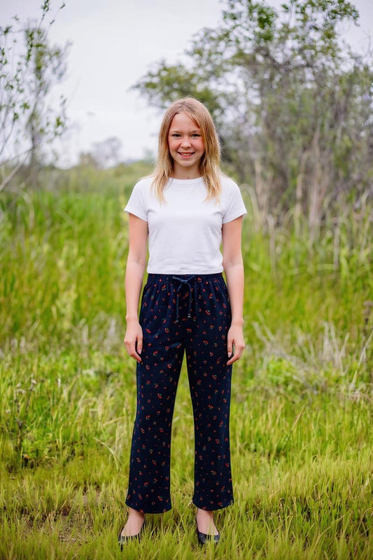 Ribbed Easy Pants with Pockets (Cherries Pattern)