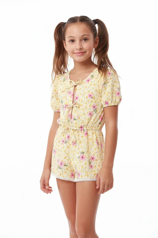 Puff-Sleeve Bows Romper (Yellow Floral)