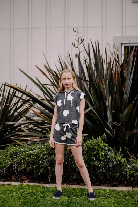 Weekendz Shorts (White Fuzzy Heart Pattern)