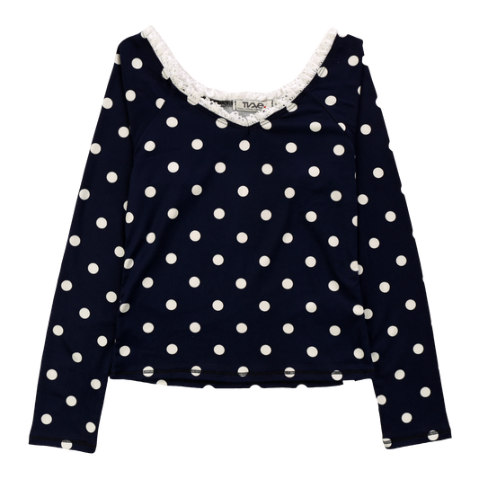 Lace V-Neck Shirt (White Polka Dots)