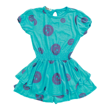 Double-Layer Puff-Sleeve Romper (Happy Face Pattern)