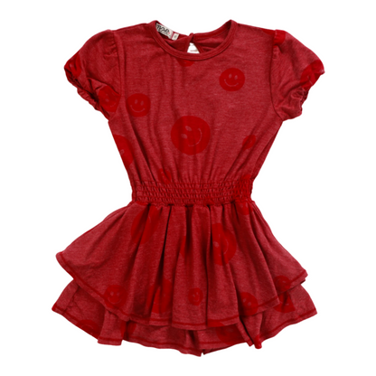 Double-Layer Puff-Sleeve Romper (Happy Face Pattern)