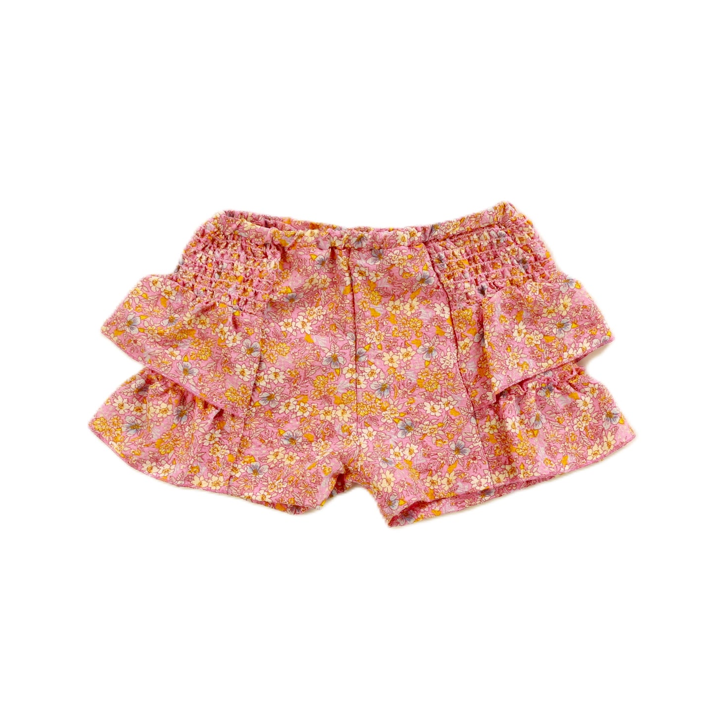 Smocked Side Ruffle Shorts (Peach Floral Pattern)