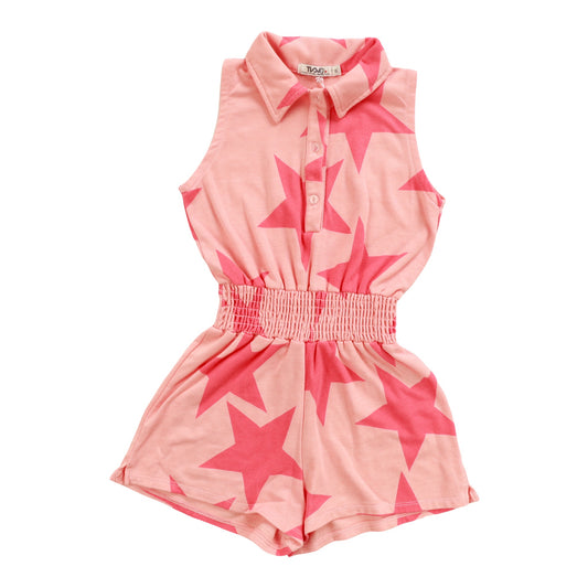 Collared Romper (Large Pink Stars Pattern)
