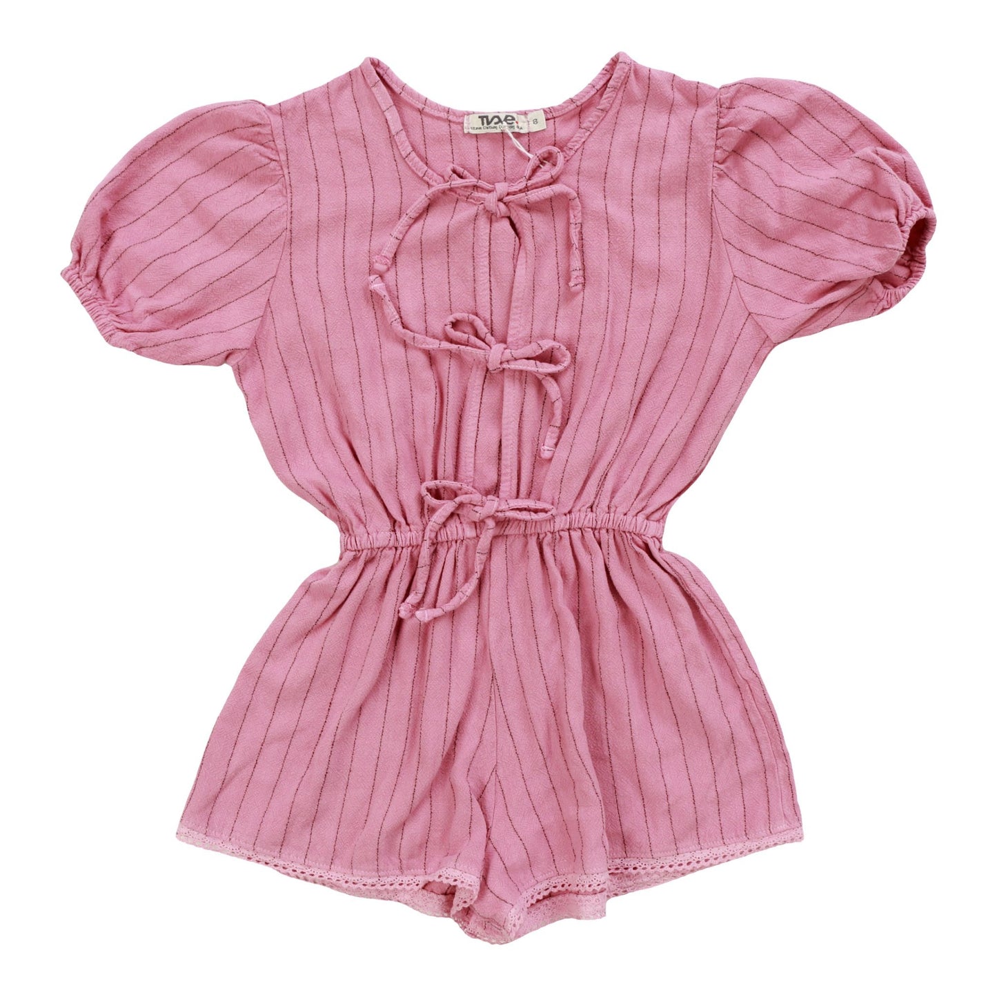 Puff-Sleeve Bows Romper (Vertical Stripes Pattern)
