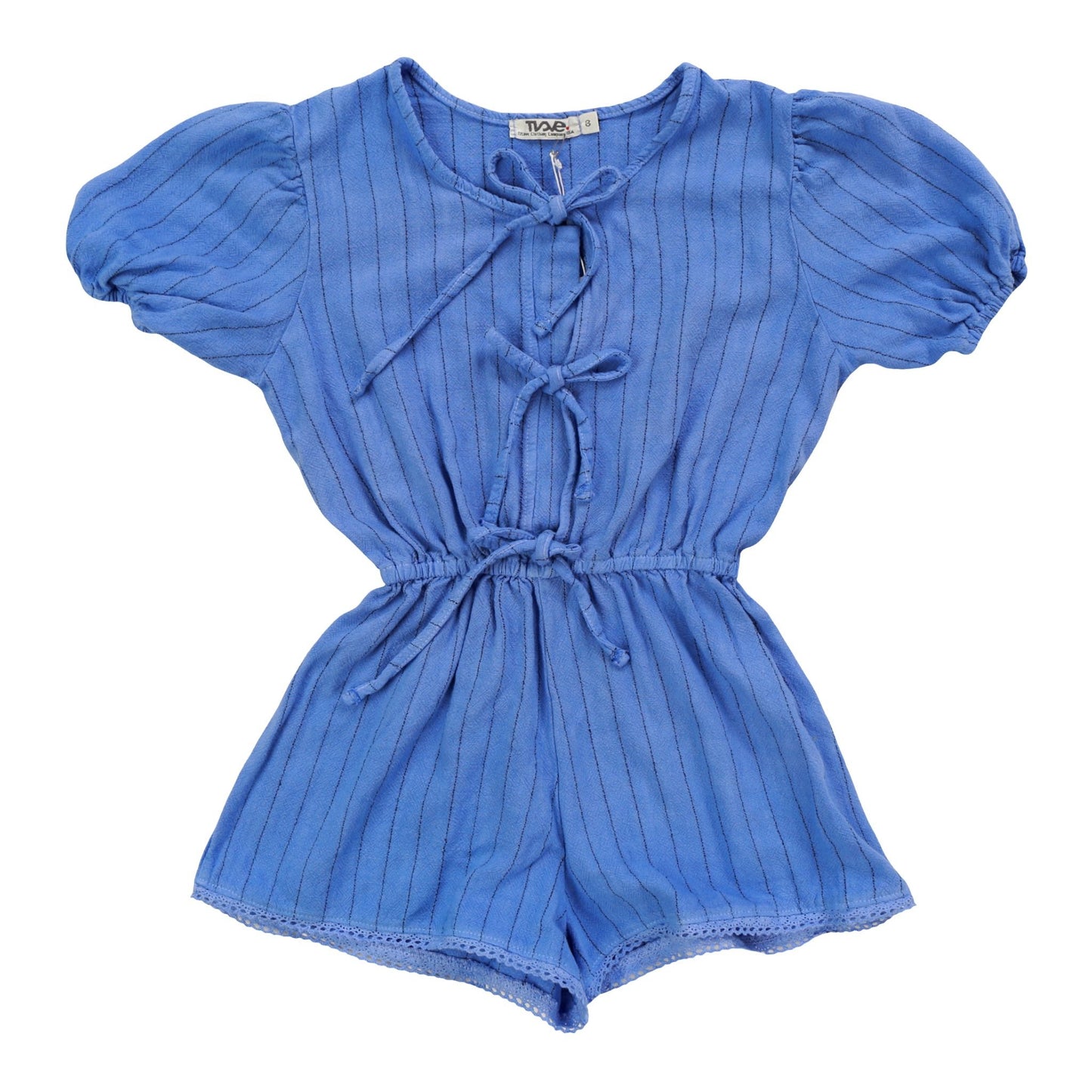 Puff-Sleeve Bows Romper (Vertical Stripes Pattern)
