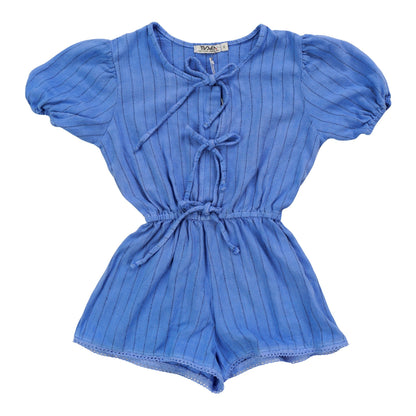 Puff-Sleeve Bows Romper (Vertical Stripes Pattern)