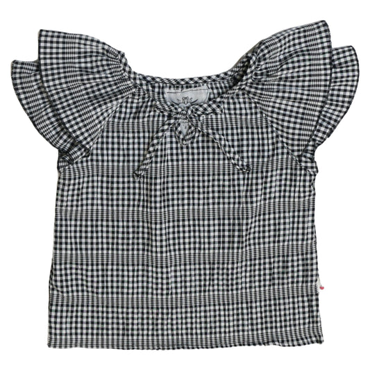 Double-Ruffle Sleeve Blouse (Checked Pattern)