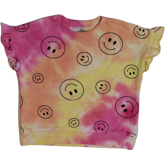 Ruffle-Sleeve Banded Top (Pink-Orange-Yellow Tie-Dye with Happy Face Pattern)