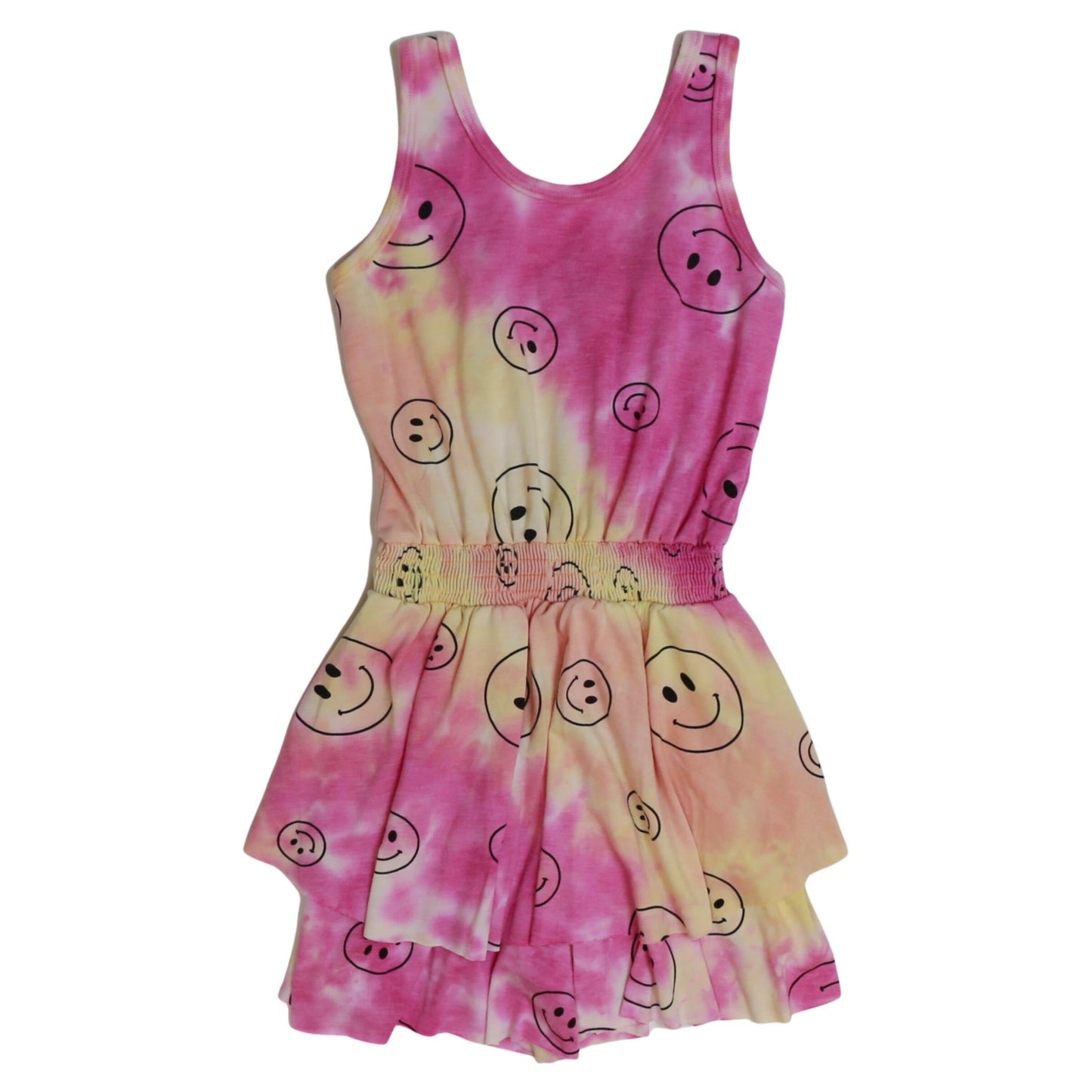 Double-Layer Tank Romper (Pink-Orange-Yellow Tie-Dye with Happy Face Pattern)