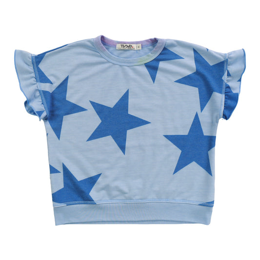 Ruffle-Sleeve Banded Top (Cobalt Stars Pattern)
