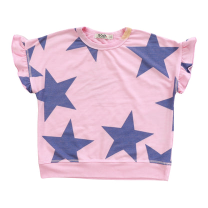 Ruffle-Sleeve Banded Top (Cobalt Stars Pattern)