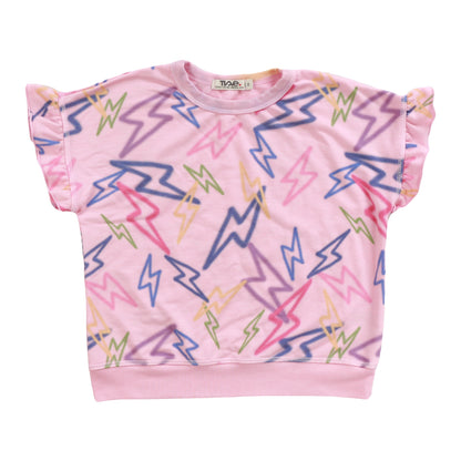 Ruffle-Sleeve Banded Top (Mixed Color Bolts Pattern)