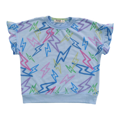 Ruffle-Sleeve Banded Top (Mixed Color Bolts Pattern)