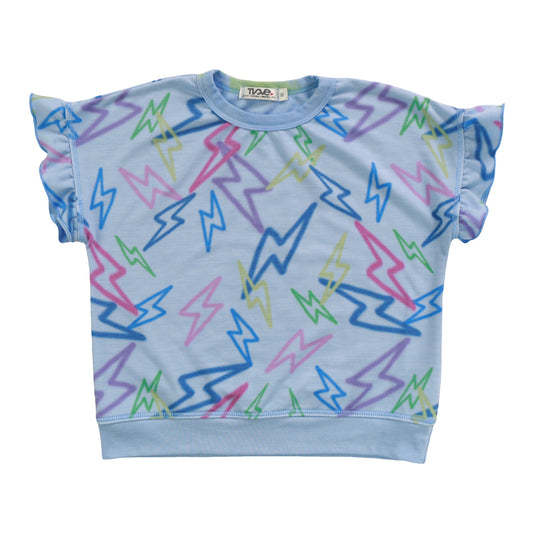 Ruffle-Sleeve Banded Top (Mixed Color Bolts Pattern)