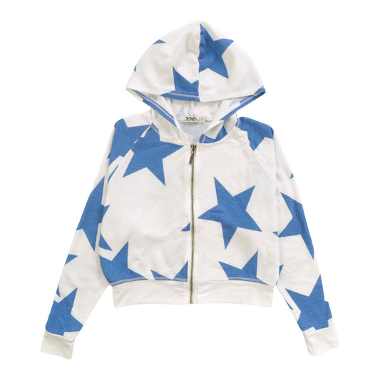 Wide Cropped Hooded Jacket (Cobalt Stars Pattern)