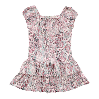 Ruffle-Tiered Dress (Pink Reptile Pattern)