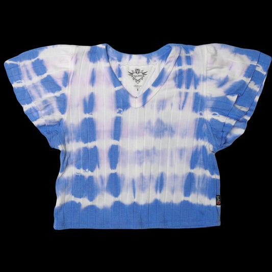 Blue-White Tie-Dye Ribbed Double Tiered-Sleeved Top