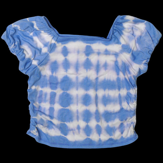 Blue-White Tie-Dye Puff-Sleeve Square-Neck Tee