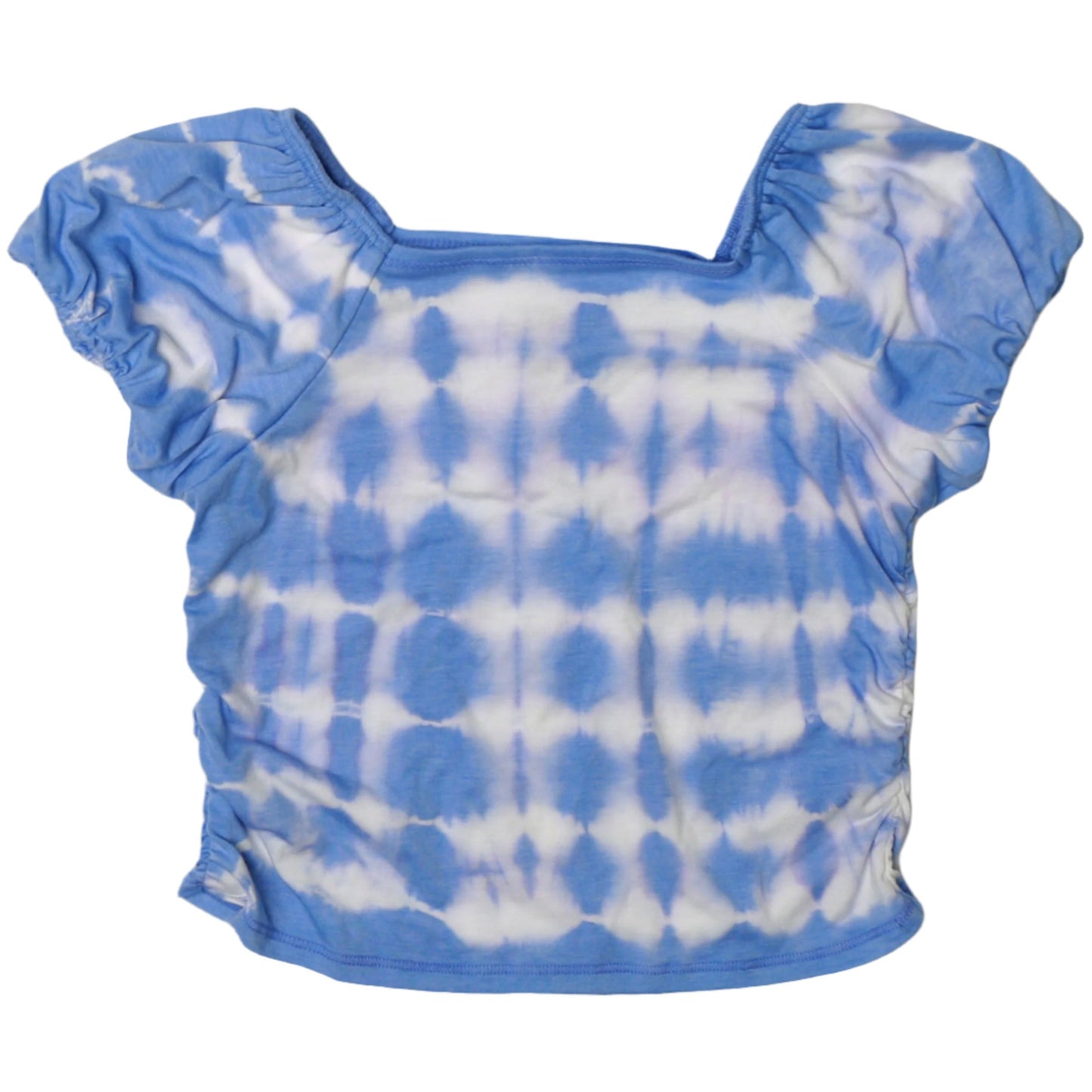 Blue-White Tie-Dye Puff-Sleeve Square-Neck Tee