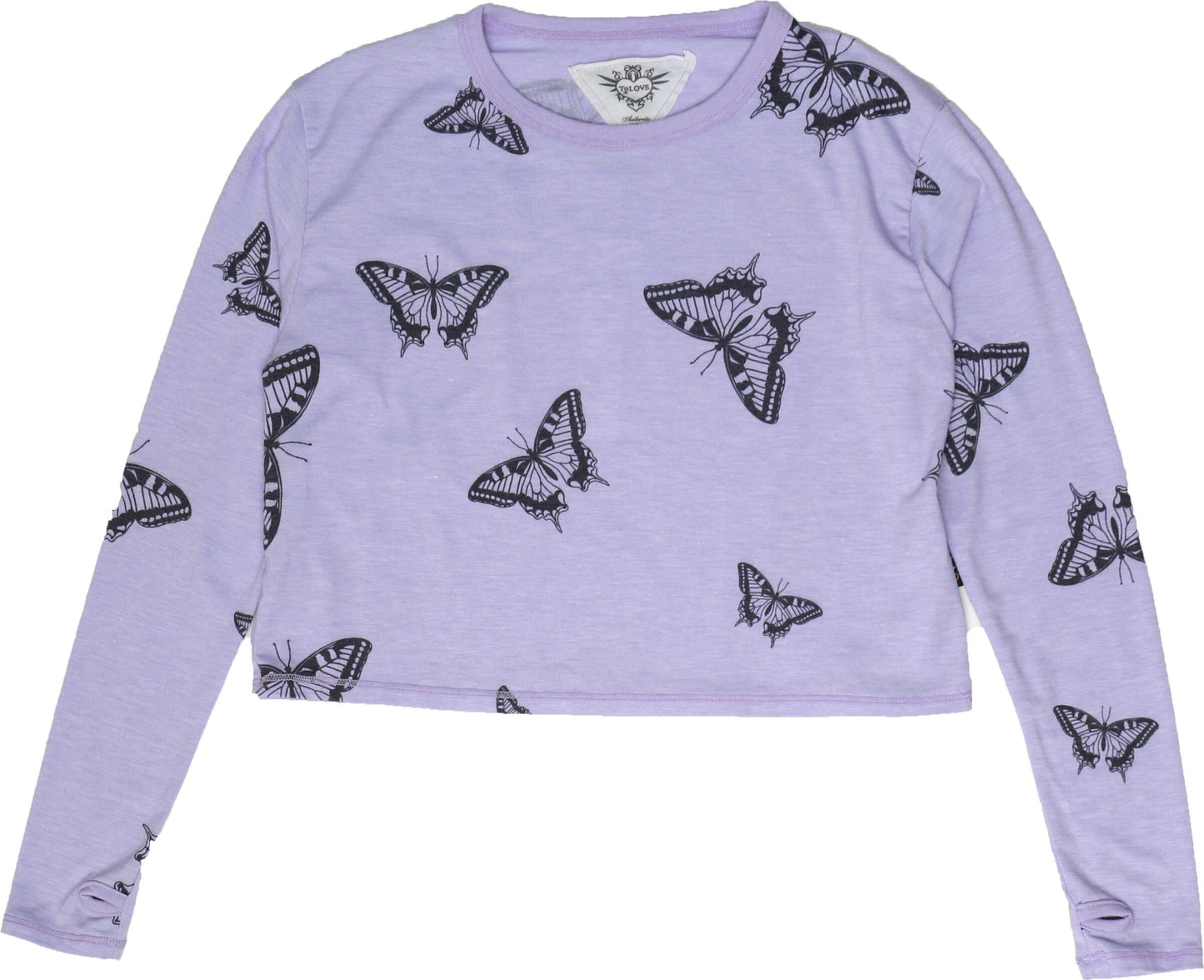 Long-Sleeved Boxy Tee with Thumbholes (Butterflies Pattern)