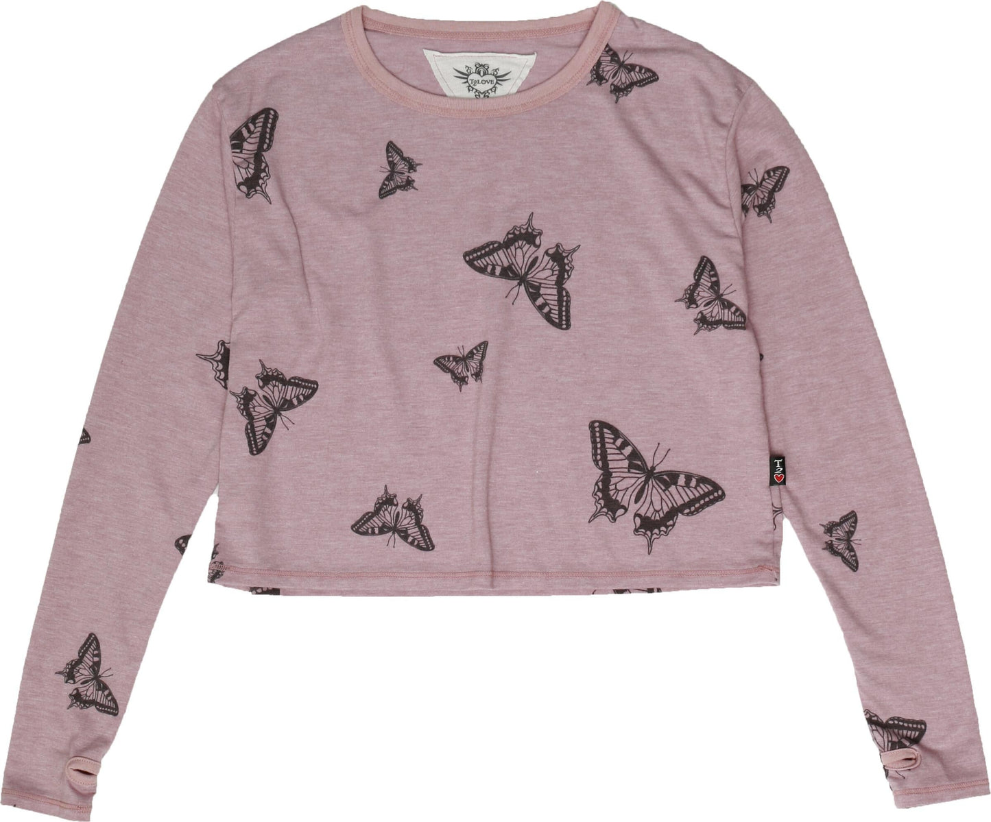 Long-Sleeved Boxy Tee with Thumbholes (Butterflies Pattern)