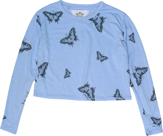 Long-Sleeved Boxy Tee with Thumbholes (Butterflies Pattern)